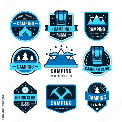 Camping flat set with hiking equipment vector logo