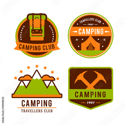 Camping flat set with hiking equipment vector logo