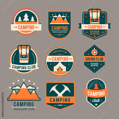 Camping flat set with hiking equipment vector logo