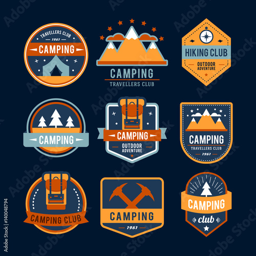 Camping flat set with hiking equipment vector logo