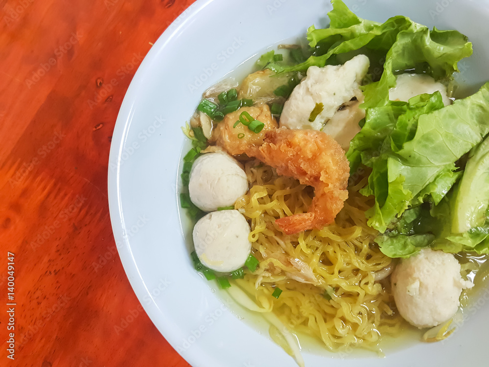 Thai food style:A prawn noodle soup served with pork and meaballs Thai food style:A prawn noodle soup served with pork and meaballs