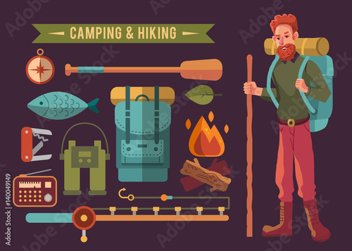 Camping flat set with hiking equipment vector icons set