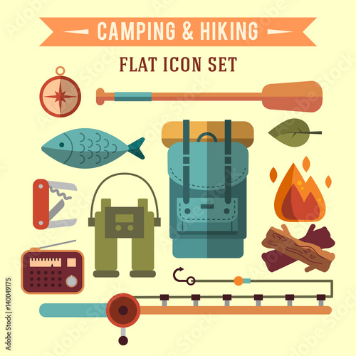 Camping flat set with hiking equipment vector icons set