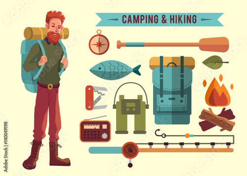 Camping flat set with hiking equipment vector icons set