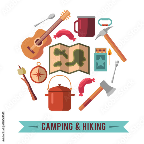 Camping flat set with hiking equipment vector icons set