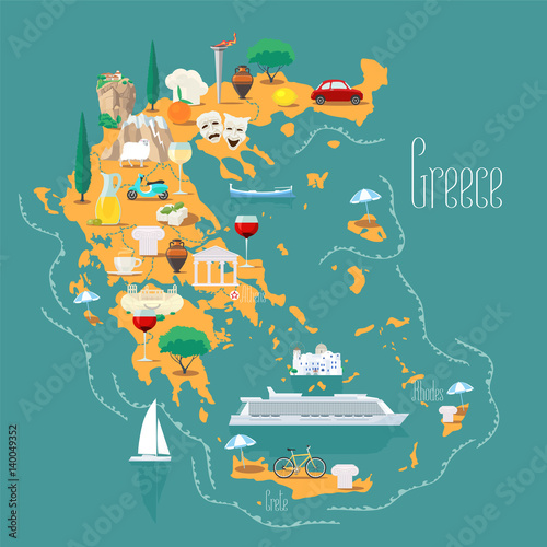 Fototapeta Map of Greece with islands vector illustration, design