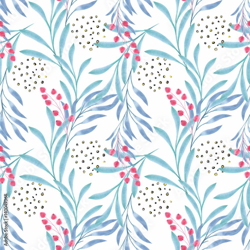 Seamless floral pattern.Watercolor branches, berries on a white background.