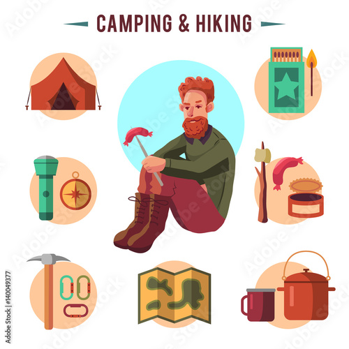 Camping flat set with hiking equipment vector icons set