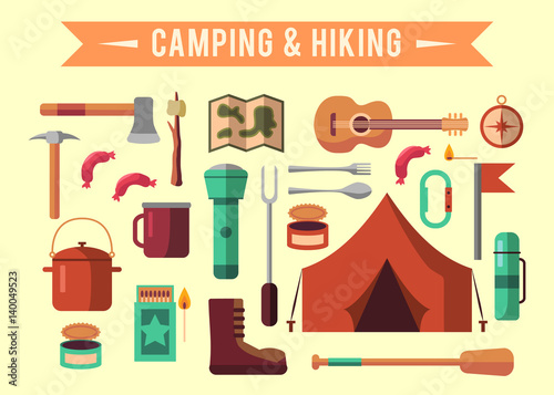 Camping flat set with hiking equipment vector icons set