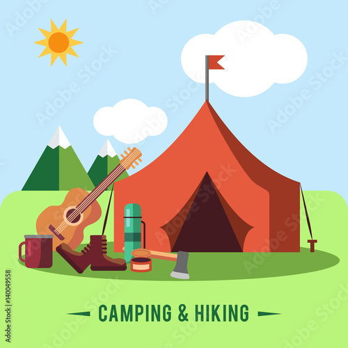 Camping flat set with hiking equipment vector illustration