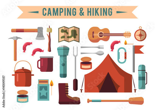 Camping flat set with hiking equipment vector icons set