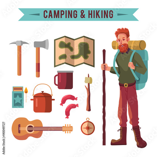 Camping flat set with hiking equipment vector icons set