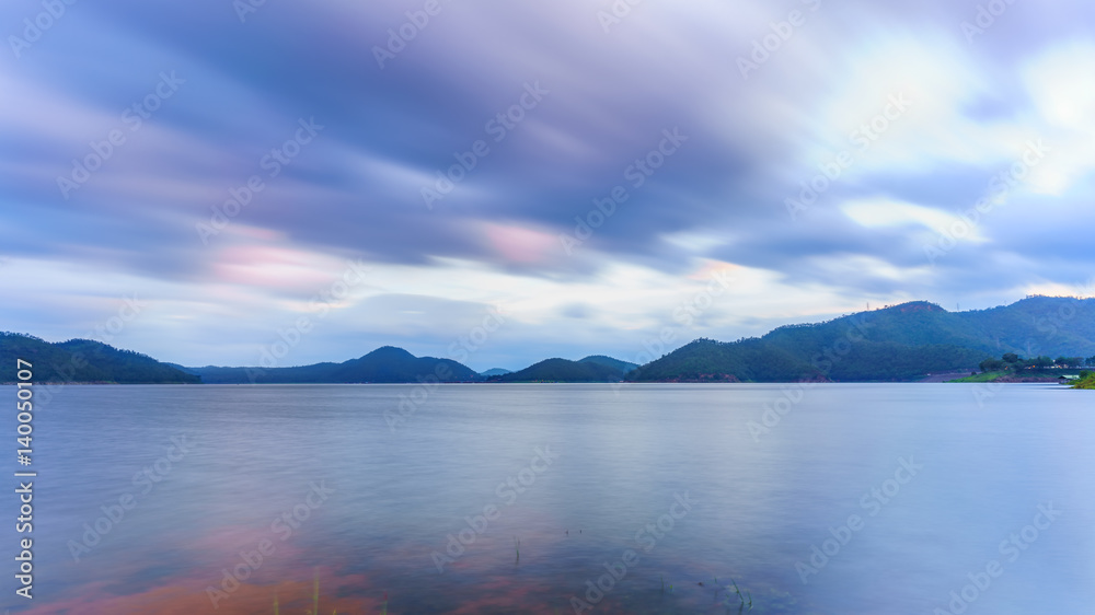 Long exposure scenery of Srinagarind Reservoir or Srinakharin dam , Kanchanaburi Province , Thailand