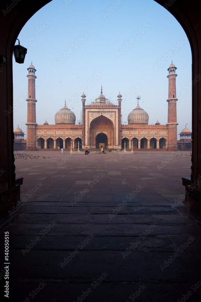 Jama Masjid Delhi Main Mosque Seen thu Arch with Nobody Present in India