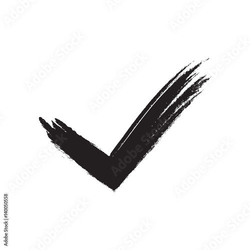 Tick sign element. Black grunge checkmark icon, isolated on white background. Mark graphic design. OK button for vote, decision, web. Symbol of correct, check, approved. Vector illustration