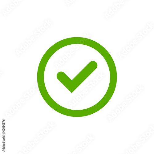 Tick sign element. Green checkmark icon isolated on white background. Simple mark graphic design. Circle OK button for vote, decision, web. Symbol of correct, check, approved Vector illustration