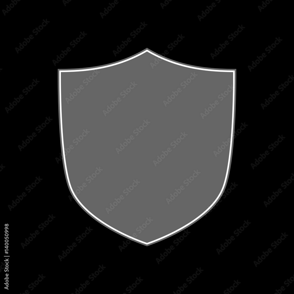 Shield shape icon. Gray label sign, isolated on black background. Symbol of protection, arms, security, safety. Flat retro style design. Element vintage heraldic emblem. Vector illustration Shield shape icon. Gray label sign, isolated on black background. Symbol of protection, arms, security, safety. Flat retro style design. Element vintage heraldic emblem. Vector illustration