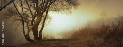 Fog over water in the spring in the early morning.