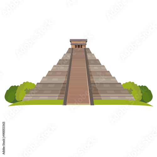 Aztec pyramid with green bushes at base isolated on white. Realistic vector