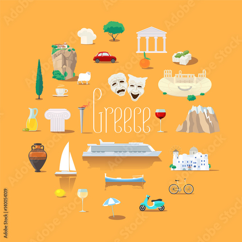 Set of icons with Greek landmarks in vector