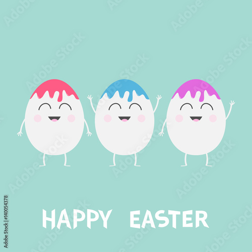 Happy Easter. Three smilling eggs with face and paint hair. Cute cartoon character set. Friends forever Greeting card Flat design Blue background.