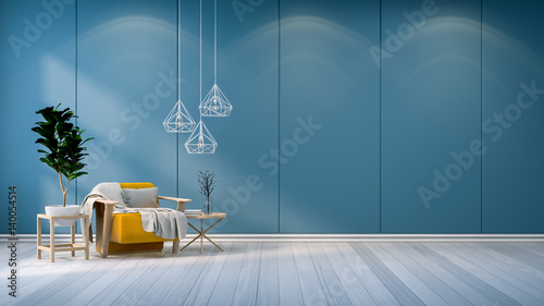Minimalist room interior,yellow  sofa  with white lamp and  plant on blue wall  /3d render