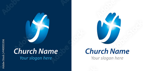 Church vector logo. Hand, palm, praying, shining cross. Christian organization or charity mission bright blue icon. Religious or medical and healthcare symbol.