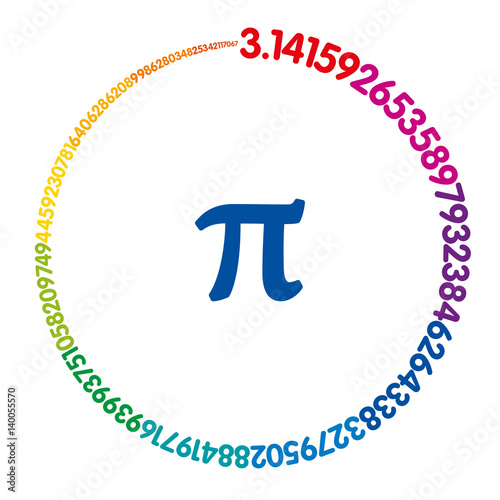 Hundred digits of number Pi forming a rainbow colored circle. Value of infinite number Pi accurate to ninety-nine decimal places. Spectrum colored sequence. Illustration on white background. Vector.