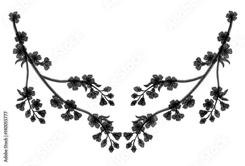 Embroidery blossoming cherry branches on a black background. black petals fall off. fashion clothing decoration. traditional pattern.