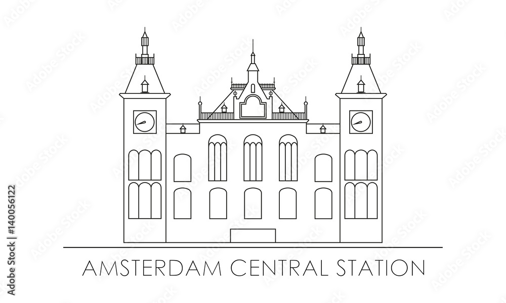 Amsterdam central station. Outline silhouette. Vector illustration.