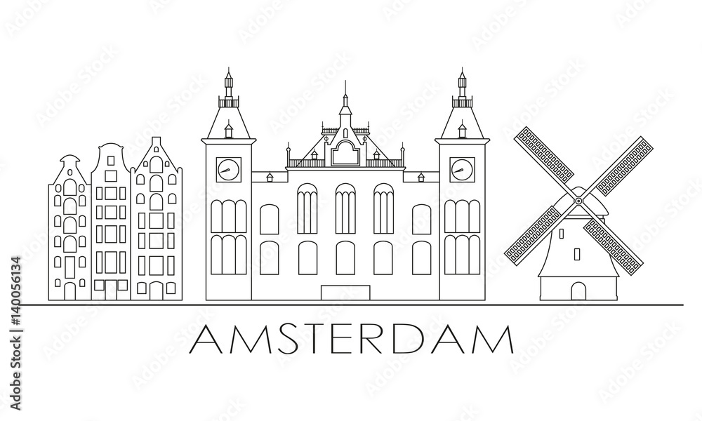 Amsterdam city skyline design. Amsterdam outline silhouette and typographic design. The Netherlands symbol. Vector illustration.