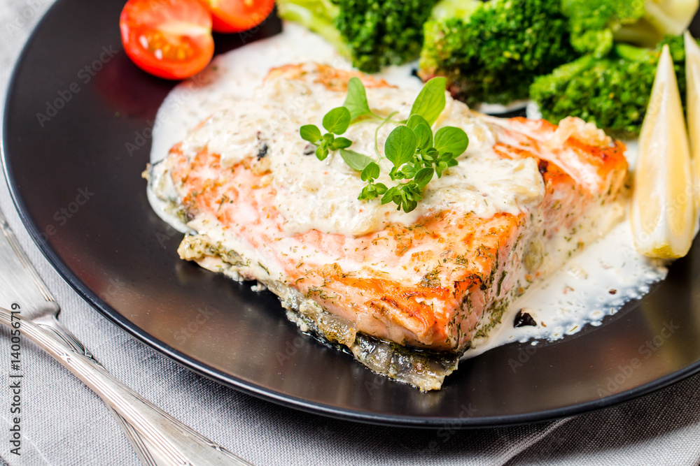 Grilled Salmon Steak with Cream sauce Grilled Salmon Steak with Cream sauce
