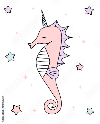 cute cartoon colorful unicorn seahorse vector illustration isolated on white background