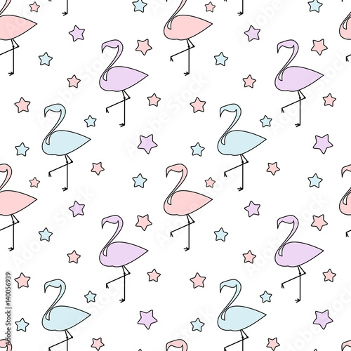 cute colorful flamingos silhouette with stars seamless vector pattern background illustration

