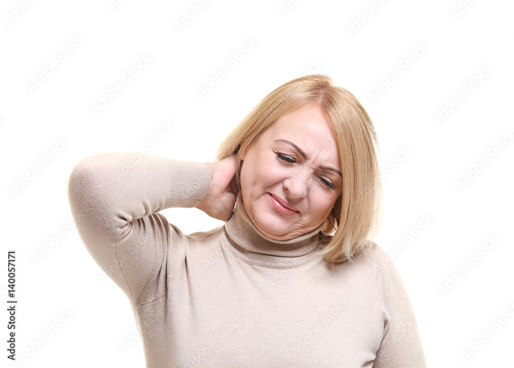 Senior woman suffering from neck pain, on white background Senior woman suffering from neck pain, on white background