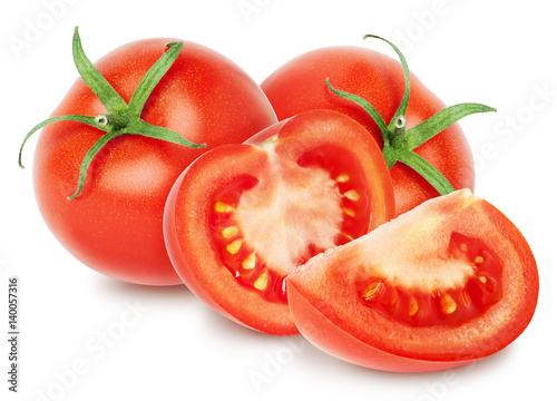Isolated Tomatoes. Two whole Tomatoes and slices (half) isolated on white, with clipping path
