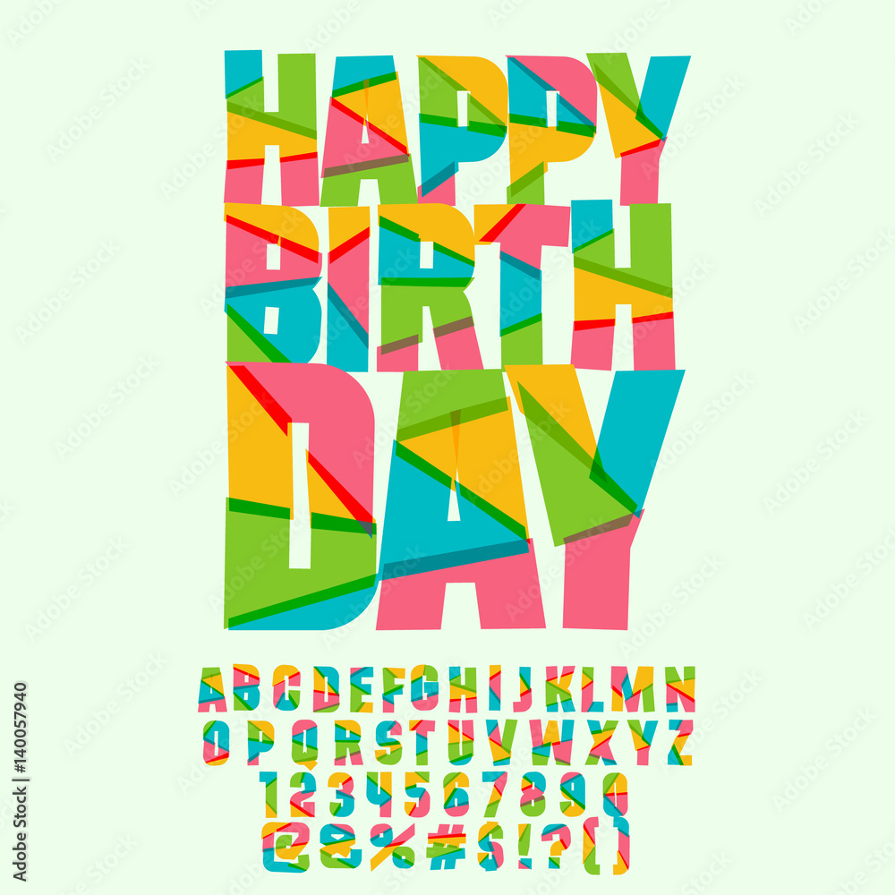 Happy birthday greeting card for kids. Vector set of colorful letters, numbers and symbols