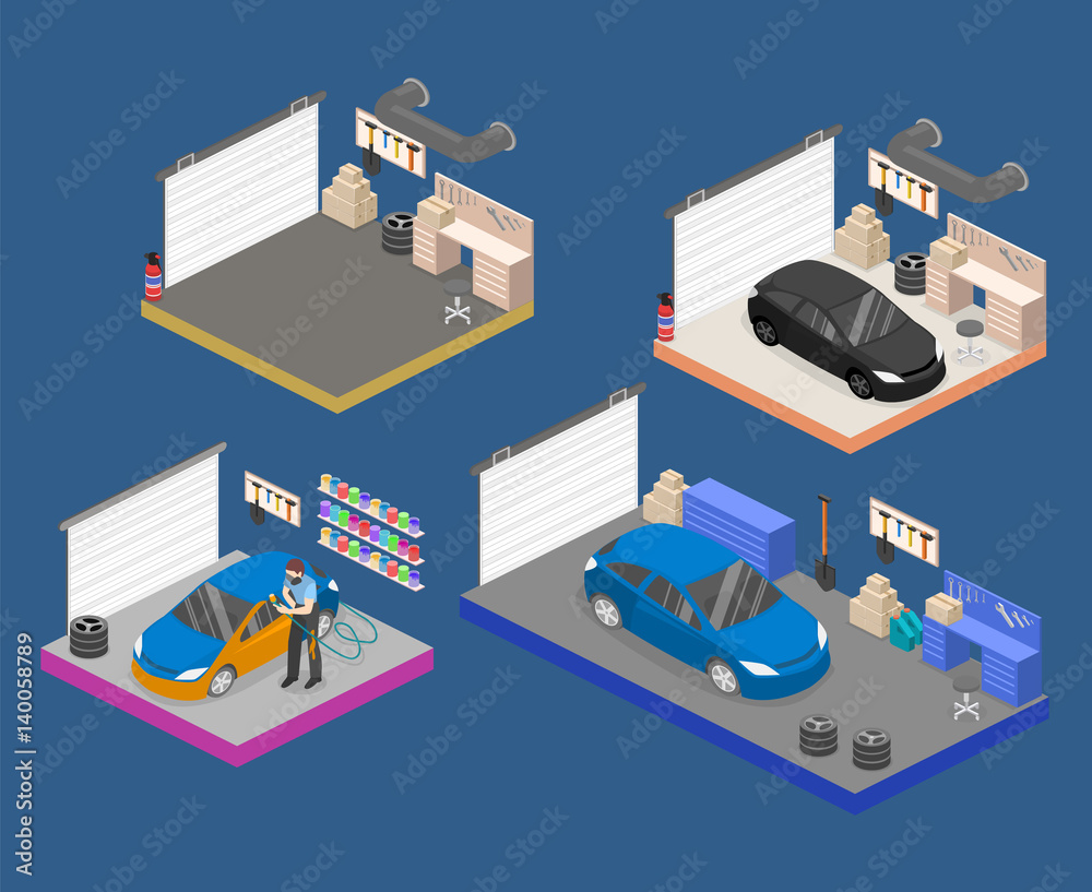 Isometric flat 3Dinterior working place with tools in garage.