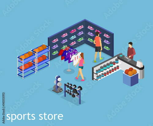 Isometric flat 3D vector interior goods for the sports shop.