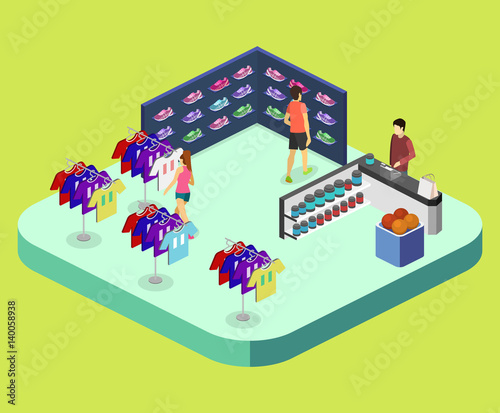 Isometric flat 3D vector interior goods for the sports shop.