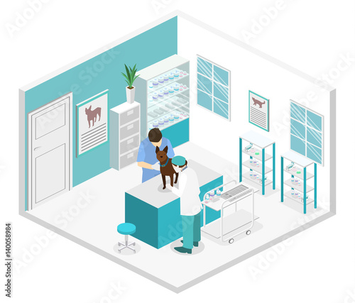 Flat 3D illustration Isometric interior of veterinary clinic.
