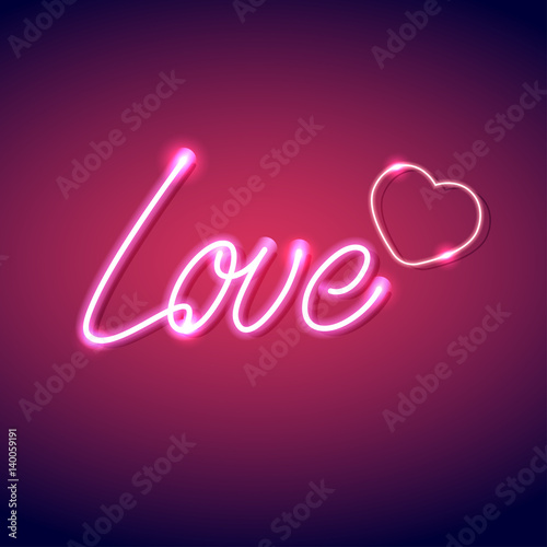 Neon icon Love Vector illustration Bright neon inscription Love with heart symbol on pink background Realistic style