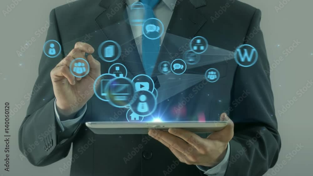 Business man pointing on web development concept tablet pad