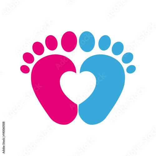 Icono plano pies de bebé azul y rosa con corazón