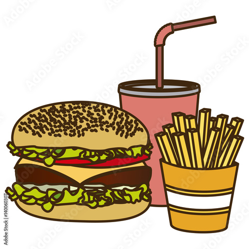 color figure with burger with french fries and soda vector illustration