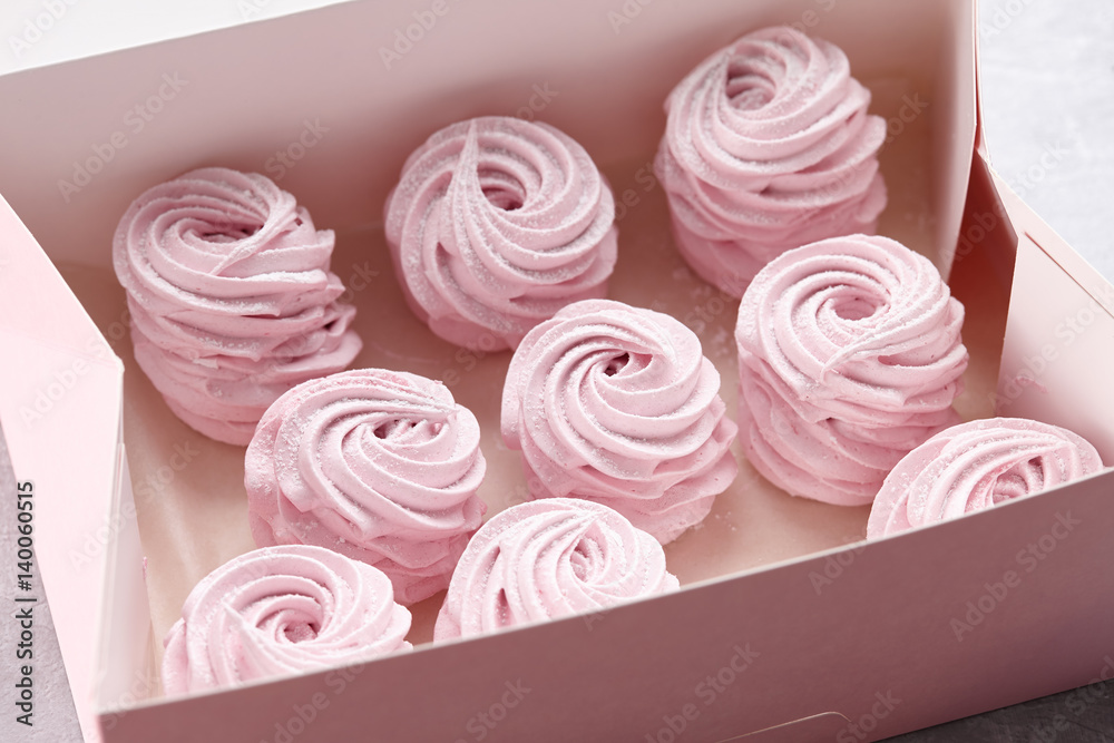 Pink homemade zephyr or marshmallow in the box Pink homemade zephyr or marshmallow in the box