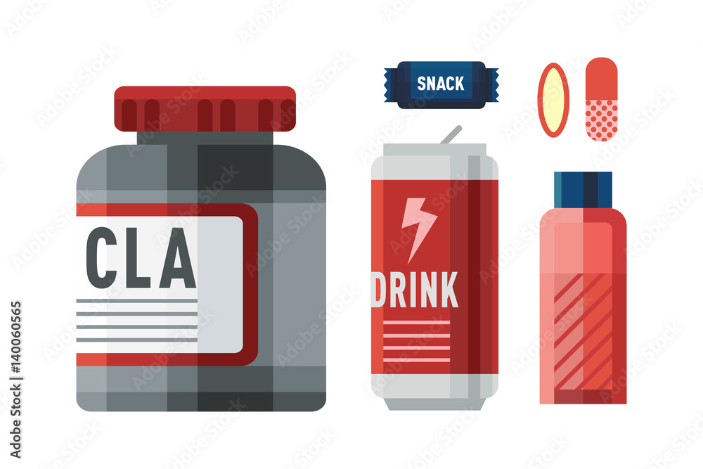 Sport nutrition icon in flat style detailed healthy food and fitness diet bodybuilding proteine power drink athletic supplement energy vector illustration. Sport nutrition icon in flat style detailed healthy food and fitness diet bodybuilding proteine power drink athletic supplement energy vector illustration.