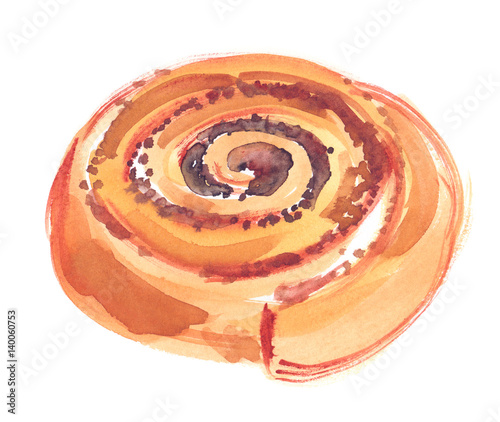 Cinnamon roll pastry painted in watercolor on clean white background