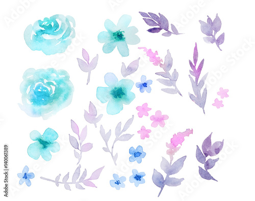 Floral set of elements: flowers, leaves in pastel colors. Watercolor illustration