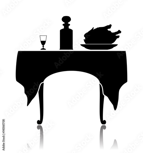 Silhouette of a restaurant little table with the laid cloth, a wine-glass, a shtof and a dish with a roast chicken.